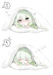  ! absurdres bangs blanket blush closed_eyes cross-shaped_pupils genshin_impact green_hair hair_between_eyes highres lying nahida_(genshin_impact) pillow pointy_ears simple_background sleeping spoken_exclamation_mark translation_request under_covers white_background wocalei2 zzz 