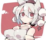  1girl animal_ears bare_shoulders blush breasts closed_mouth detached_sleeves hair_between_eyes hat inubashiri_momiji japanese_clothes large_breasts massakasama pom_pom_(clothes) red_eyes red_headwear short_hair solo tokin_hat touhou upper_body white_hair white_sleeves wolf_ears 