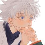  1boy bangs blue_eyes closed_mouth eyelashes fingernails gon_freecss grey_hair hand_on_another&#039;s_chin hand_up highres holding_another&#039;s_wrist hunter_x_hunter killua_zoldyck koy8frqryzjmxxy light_smile long_sleeves looking_at_another looking_away male_focus portrait short_hair simple_background sketch solo_focus turtleneck 