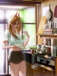  1girl absurdres black_shorts blonde_hair burger chainsaw_man cowboy_shot cup demon_horns food hair_over_shoulder highres holding holding_food horns kitchen knife_holster long_hair looking_at_viewer midriff_peek mug open_mouth power_(chainsaw_man) red_eyes scenery shorts smile_(qd4nsvik) standing stove teapot tile_wall tiles tree white_hair window 