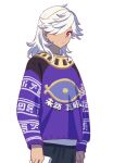  1boy aahaha_(ydasige11) alternate_costume bangs closed_mouth clothes_writing commentary_request cyno_(genshin_impact) dark-skinned_male dark_skin genshin_impact hair_over_one_eye holding long_hair long_sleeves looking_at_viewer male_focus purple_sweater simple_background solo sweater ugly_sweater upper_body white_background white_hair 