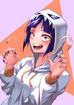  1girl absurdres blue_nails blush boku_no_hero_academia breasts collarbone fang fangs ghost_costume halloween highres hood hoodie jirou_kyouka looking_at_viewer meron_mha nail_polish open_mouth purple_hair red_nails simple_background small_breasts smile solo teeth tongue violet_eyes white_background white_hoodie 