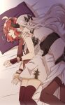 2girls ahoge bare_shoulders bed bed_sheet blanket closed_eyes horns long_hair lying malori_crowett multiple_girls on_bed on_side open_mouth pillow pointy_ears red_nails redhead short_hair silver_hair sleeping thigh-highs thighs velverosa yuri