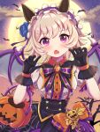  1girl alternate_costume animal_ears bat_(animal) blush breasts commentary_request curren_chan_(umamusume) fang full_moon gloves grey_hair halloween highres horse_ears horse_girl horse_tail looking_at_viewer medium_breasts mochitsuki_wataame moon open_mouth ribbon solo tail umamusume violet_eyes wings 