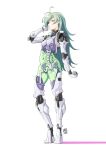  1girl automatic_giraffe cyborg english_commentary green_eyes green_hair highres long_hair mechanical_arms mechanical_legs original ribs see-through shadow skeleton solo spine white_background 