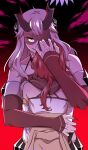  1girl demon_girl holding horns long_hair looking_at_viewer malori_crowett red_background solo velverosa yellow_eyes 