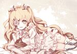  1girl bangs blonde_hair boots cross-laced_footwear dise dress flower flower_over_eye hair_flower hair_ornament kirakishou lace-up_boots long_hair open_mouth rose rozen_maiden smile solo thigh_boots very_long_hair white_background white_flower white_footwear white_rose yellow_eyes 