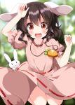  1girl animal animal_ears black_hair blush carrot_necklace dress hair_between_eyes highres inaba_tewi jewelry looking_at_viewer necklace open_mouth pink_dress rabbit rabbit_ears red_eyes ruu_(tksymkw) short_hair short_sleeves smile solo touhou 