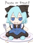  1girl absurdres black_bow black_footwear blue_dress blue_eyes blue_hair bow cirno collared_shirt dress english_text fairy_wings food food_on_face fork fumo_(doll) hair_bow highres ice ice_wings kame_(kamepan44231) long_dress pasta pinafore_dress plate shirt short_hair simple_background skull_ornament smile solo touhou white_background white_shirt wings 