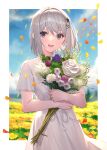  1girl absurdres blue_eyes blue_sky blurry blurry_background bouquet clouds commentary_request day dress field flower flower_field grey_hair hair_ornament highres holding holding_bouquet looking_at_viewer open_mouth original outdoors petals shiny shiny_hair short_hair short_sleeves sky solo takubon teeth white_dress 
