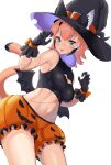  1girl absurdres animal_costume animal_ear_fluff animal_ears bare_shoulders bat_wings blue_eyes caracal_(kemono_friends) caracal_ears clothing_cutout extra_ears gloves halloween halloween_costume hat highres kemono_friends kemono_friends_v_project long_hair looking_at_viewer multicolored_hair orange_hair sawara_noa scarf shirt shorts simple_background sleeveless sleeveless_shirt solo tail tongue virtual_youtuber wings 