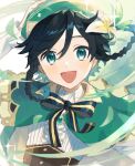  1boy aahaha_(ydasige11) androgynous bangs beret black_hair blue_hair blush bow braid cape flower genshin_impact green_cape green_eyes green_headwear hair_between_eyes hand_on_headwear hat highres leaf looking_at_viewer male_focus multicolored_hair open_mouth simple_background solo sparkle twin_braids upper_body venti_(genshin_impact) white_background white_flower 