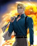  1boy blonde_hair blue_shirt explosion expressionless formal goggles grey_pants highres holding holding_clothes holding_jacket jacket jujutsu_kaisen long_sleeves male_focus mochiya_(mochiya0504) nanami_kento outdoors pants shirt short_hair solo standing suit suspenders unbuttoned 
