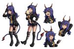 1girl :d arknights arms_behind_head bangs belt black_footwear black_gloves black_jacket black_shorts blue_hair blue_sky boots ch&#039;en_(arknights) closed_eyes cup dragon_horns dragon_tail fingerless_gloves gloves highres holding holding_cup horns jacket knee_boots long_hair looking_at_viewer multiple_views navel necktie oninuer open_mouth red_eyes shorts simple_background sky smile tail twintails white_background yellow_necktie