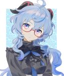  1girl aahaha_(ydasige11) alternate_costume bangs bespectacled black_bow blue_hair bow breasts closed_mouth commentary frills ganyu_(genshin_impact) genshin_impact glasses hair_between_eyes horns long_hair looking_at_viewer medium_breasts red-framed_eyewear semi-rimless_eyewear sidelocks simple_background solo upper_body violet_eyes 