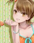  bare_shoulders bracelet brown_eyes brown_hair candy chin_rest dress futami_ami grin highres idolmaster jewelry lollipop looking_at_viewer short_hair side_ponytail smile yuyu805p 