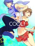  1girl :d alternate_costume blue_hair breasts brown_hair cleavage couple dancing hands highres kaito kayoe_aya male meiko nail_polish open_mouth sandals scarf short_hair skirt smile star summer vocaloid 