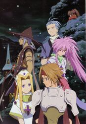  arche_klein blonde_hair blue_hair brown_eyes brown_hair chester_barklight cless_alvein cloudy hat headband klarth_lester long_hair mint_adenade mountain pink_eyes pink_hair ponytail purple_hair short_hair sky snow suzu_fujibayashi tales_of_(series) tales_of_phantasia tree 