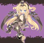  1girl arm_support bat black_legwear blade_(galaxist) blonde_hair blue_eyes blush candy character_request crossed_legs demon_girl demon_tail demon_wings detached_sleeves high_heels lollipop long_hair open_mouth pantyhose pointy_ears shoes sitting solo tail twintails wings wrist_cuffs 