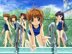  all_fours antenna_hair barefoot blurry brown_hair card_captor_sakura cardcaptor_sakura daidouji_tomoyo fence green_eyes highres kinomoto_sakura mihara_chiharu moonknives multiple_girls mutsuki_(moonknives) one-piece_swimsuit outstretched_hand pool pool_ladder poolside pov reaching sasaki_rika school_swimsuit swimsuit swimsuit wallpaper yanagisawa_naoko 