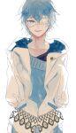  1boy black_shirt blue_eyes blue_hair blue_sweater eyepatch hinose_takeru hood hood_down hoodie long_sleeves looking_at_viewer male_focus megochi one_eye_covered open_mouth shirt short_hair smile solo sweater sweet_clown white_background white_hoodie 