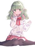  1girl aran_sweater bangs black_thighhighs blunt_bangs blush brown_scarf cable_knit clenched_hand clenched_hands closed_mouth cross-laced_clothes dot_nose feet_out_of_frame fur_scarf futaba_sana futaba_sana_(winter_costume) green_eyes green_hair hand_on_own_cheek hand_on_own_face hand_up highres knees_together_feet_apart looking_at_viewer low_twintails magia_record:_mahou_shoujo_madoka_magica_gaiden mahou_shoujo_madoka_magica medium_hair miniskirt neck_ribbon official_alternate_costume paru_rari plaid plaid_skirt red_ribbon red_skirt ribbon scarf scrunchie sidelocks simple_background sitting skirt sleeves_past_wrists smile solo split_mouth sweater thigh-highs twintails twitter_username wavy_hair white_background white_sweater yellow_scrunchie zettai_ryouiki 