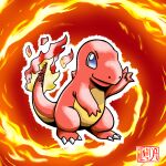  artist_logo artist_name blue_eyes charmander claws closed_mouth colored_skin fire full_body highres inker_dog no_humans no_pupils non-web_source outline pokemon pokemon_(creature) pokemon_(game) red_background red_skin self_upload solo tail white_outline 