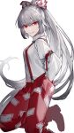  1girl absurdres arm_belt bangs boots bow collared_shirt commentary foot_out_of_frame fujiwara_no_mokou grey_hair grin hair_between_eyes hair_bow hands_in_pockets highres long_hair long_sleeves looking_at_viewer pants red_bow red_eyes red_pants shirt shuukenyuu simple_background smile solo suspenders touhou two-tone_bow very_long_hair white_background white_bow white_shirt 