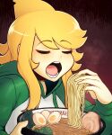  1girl absurdres ai_drawing_anime_characters_eating_ramen_(meme) apricot_(d-floe) blonde_hair bowl closed_eyes d-floe drawstring egg_(food) food food_focus highres holding holding_bowl hood hood_down long_hair meat meme noodles open_mouth original ramen solo 