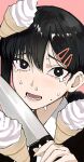  1girl bangs black_hair chainsaw_man collared_shirt crying crying_with_eyes_open food formal hair_ornament hairclip higashiyama_kobeni highres holding holding_knife ice_cream ice_cream_cone knife looking_at_another medium_hair mole mole_under_eye mole_under_mouth multiple_moles pink_background sailen0 shirt short_ponytail simple_background single_sidelock snot solo suit teardrop tearing_up tears white_shirt 