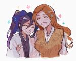  2girls aged_up black_hair bleach blush breasts hair_between_eyes hara_hikaru hug huge_breasts inoue_orihime japanese_clothes kuchiki_rukia large_breasts long_hair looking_at_viewer multiple_girls open_mouth orange_hair shinigami side_ponytail simple_background small_breasts smile sweater 