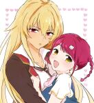  2girls blonde_hair braid cat_hair_ornament couple dark-skinned_female dark_skin gyaru hair_ornament highres hug looking_at_viewer loose_necktie multiple_girls necktie red_eyes redhead shikishima_mirei short_twintails tokonome_mamori twin_braids twintails ujiginji valkyrie_drive valkyrie_drive_-mermaid- wife_and_wife yellow_eyes yuri 