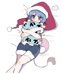  ... 1girl absurdres blue_eyes blue_hair blush doremy_sweet hat highres holding holding_pillow legs_together looking_at_viewer lying on_back on_bed pillow shorts solo spoken_ellipsis tail takeyasu510 tapir_tail touhou v-shaped_eyebrows 