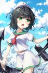  1girl anchor anchor_symbol black_hair blue_sky clouds green_eyes highres murasa_minamitsu neckerchief open_mouth outdoors red_neckerchief shirt short_hair short_sleeves shorts sky solo touhou water white_headwear white_shirt white_shorts yosshy 