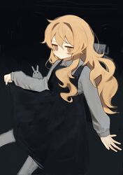  1girl bangs black_background black_dress blonde_hair brown_eyes collared_shirt dress hand_up haru_(ririne9999rine) highres jitome kirisame_marisa long_hair long_sleeves looking_at_viewer shirt skirt_hold socks solo touhou white_shirt white_socks 