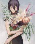  1girl bangs black_choker black_shorts bouquet chainsaw_man champi choker collared_shirt flower grass green_eyes grey_background hair_between_eyes highres holding holding_bouquet leaf looking_at_viewer medium_hair purple_hair reze_(chainsaw_man) rose salvia_(flower) shirt shorts simple_background sleeveless solo white_shirt 