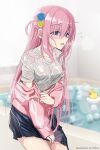  @_@ artist_name bathtub blue_eyes blurry blurry_background bocchi_the_rock! breasts commentary gloom_(expression) gotou_hitori hair_ornament highres hmax jacket long_hair looking_to_the_side medium_breasts open_mouth pink_hair rubber_duck wet 