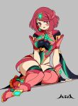  1girl blush breasts chest_jewel hachinos_ssb highres large_breasts neon_trim pyra_(xenoblade) red_eyes red_footwear redhead short_hair sitting skindentation solo thigh-highs tiara xenoblade_chronicles_(series) xenoblade_chronicles_2 yokozuwari 