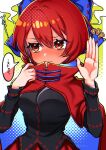  1girl black_shirt blue_bow blush bow cape commentary_request embarrassed full-face_blush furrowed_brow hair_between_eyes hair_bow hands_up highres long_sleeves looking_away red_eyes red_skirt redhead sekibanki sekkaku_nuru shirt short_hair skirt solo speech_bubble touhou translation_request 