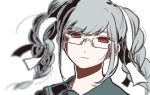  1girl bangs braid closed_mouth danganronpa_(series) danganronpa_2:_goodbye_despair expressionless glasses grey_hair hair_ribbon kiri_(2htkz) long_hair looking_at_viewer pekoyama_peko portrait red_eyes ribbon sailor_collar simple_background solo twin_braids white_background white_ribbon 