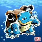  animal_ears artist_logo artist_name black_eyes blastoise blue_background blue_skin bright_pupils bubble cannon claws closed_mouth colored_skin fighting_stance full_body highres inker_dog monster no_humans non-web_source outline pokemon pokemon_(creature) pokemon_(game) self_upload tail turtle_shell water 