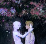  2boys armin_arlert blonde_hair blue_eyes collared_shirt colored_skin crying crying_with_eyes_open dual_persona eye_contact from_side frown glowing hand_on_another&#039;s_neck highres leaf long_sleeves looking_at_another male_focus multiple_boys outdoors parted_lips profile ramiica shingeki_no_kyojin shirt short_hair surreal tears upper_body white_hair white_shirt white_skin 