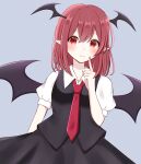  1girl absurdres bat_wings grey_background head_wings highres index_finger_raised koakuma light_smile looking_at_viewer piyoru_nico pointy_ears red_eyes redhead shirt simple_background solo touhou upper_body wings 