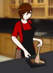 apron botaro_kubo brown_hair cooking looking_at_viewer red_shirt short_hair smile tomboy trang