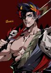  1boy azaya_(kuroi_azaya) black_hair closed_mouth green_eyes hades_(game) hand_up heterochromia high_contrast holding holding_sword holding_weapon laurel_crown light_smile looking_at_viewer male_focus muscular muscular_male no_shirt over_shoulder red_background red_eyes short_hair simple_background solo spiky_hair sword sword_over_shoulder upper_body weapon weapon_over_shoulder zagreus_(hades) 