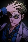  1boy animal_print blue_shirt formal goggles grey_suit grmms_otk hand_in_own_hair jujutsu_kaisen leopard_print lips long_sleeves looking_at_viewer loose_necktie male_focus nanami_kento necktie parted_lips shirt short_hair solo suit upper_body yellow_necktie 