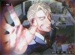 1boy black_shirt blonde_hair blood blood_on_face blue_eyes cigarette formal from_above full_body haine_(xo_hin) jujutsu_kaisen lips looking_at_viewer male_focus mouth_hold nanami_kento necktie office parted_lips pinstripe_pattern pinstripe_suit recording red_necktie shirt short_hair smoking solo striped suit 