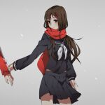  1boy 1girl black_serafuku black_skirt brown_eyes brown_hair enpera f_(hiyamatakao) grey_background hair_ornament hairpin hands_on_another&#039;s_wrists holding_hands kagerou_project kisaragi_shintarou long_hair long_sleeves mekakucity_actors multiple_hairpins neckerchief pleated_skirt red_scarf scarf school_uniform serafuku simple_background skirt tateyama_ayano white_neckerchief 