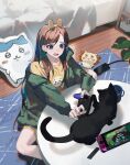  1girl absurdres animal_ears bangs bed bedroom black_cat blue_eyes blue_nails brown_hair carpet cat cellphone charging_device commentary_request controller cup fake_animal_ears fingernails game_controller green_jacket hairband highres holding holding_controller holding_game_controller jacket long_hair looking_at_animal nail_polish nintendo_switch on_floor open_clothes open_jacket open_mouth orange_nails original phone pillow plant playstation_controller shirt smartphone solo stuffed_toy swept_bangs table teeth upper_teeth wooden_floor yellow_hairband yellow_shirt zumi_(neronero126) 