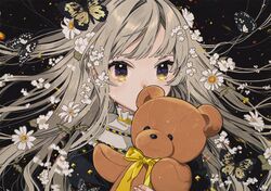  1girl animal bangs black_background black_dress blush bow bug butterfly covered_mouth dress flower grey_hair hair_flower hair_ornament keishin long_hair looking_at_viewer object_hug original solo stuffed_animal stuffed_toy teddy_bear upper_body violet_eyes white_flower yellow_bow 